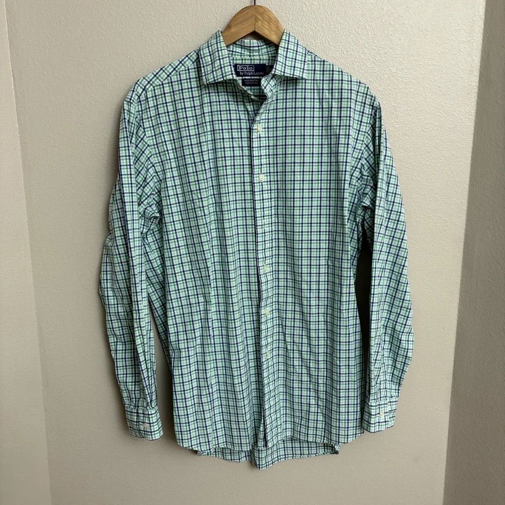Polo Ralph Lauren Button Down Shirt Medium Green Blue Plaid Westerton Cotton